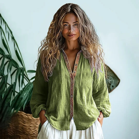 Cardydony Bohemian Style Linen Print Long Sleeve Shirt