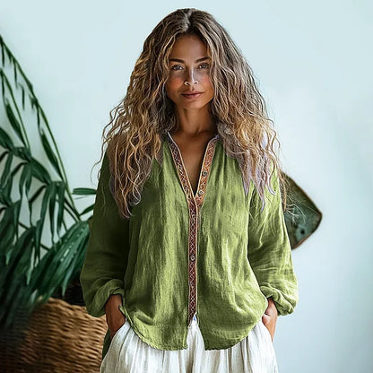 Cardydony Bohemian Style Linen Print Long Sleeve Shirt