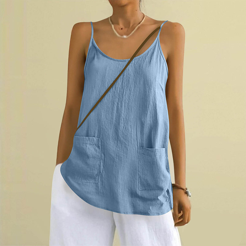 Cardydony Women's Solid Color Sleeveless Linen Blend Pocket Camisole