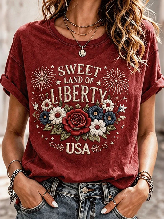 Cardydony Women's Sweet Land Of Liberty Floral Usa Art Short-sleeve T-shirt