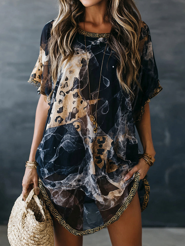 Cardydony Vintage Marble Texture Art Leopard Print Linen Blend Short Sleeve Midi Dress
