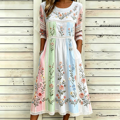 Cardydony Vintage Floral Vine 3d Art Embroidery Spliced Cotton Linen Distressed Round Neck Mid-sleeve Dress