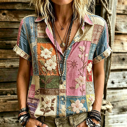 Cardydony Women's Retro Bohemian Hippie Style Floral Patchwork Embroidered Print Short-sleeve Shirt