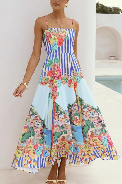 Cardydony Women's Unique Printed Spaghetti Strap Square Neck Casual Holiday Maxi Dress
