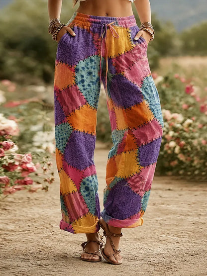 Cardydony Women's Hippie Geometric Patchwork Pattern Art Colorful Cotton And Linen Long Pants