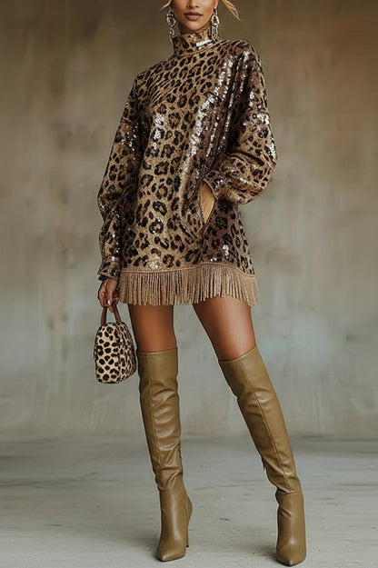 Cardydony Women's Stylish Leopard Print Sequined Turtleneck Long-sleeved Tassel Hem Loose Mini Dress