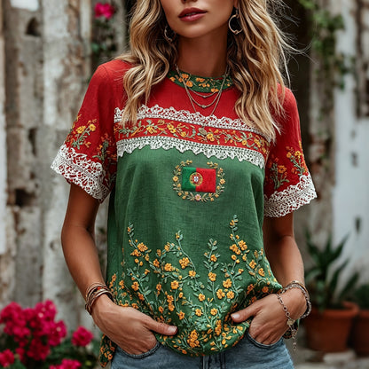 Cardydony Women's Retro Floral Embroidered Patchwork Art Crew Neck Short Sleeve T-shirt