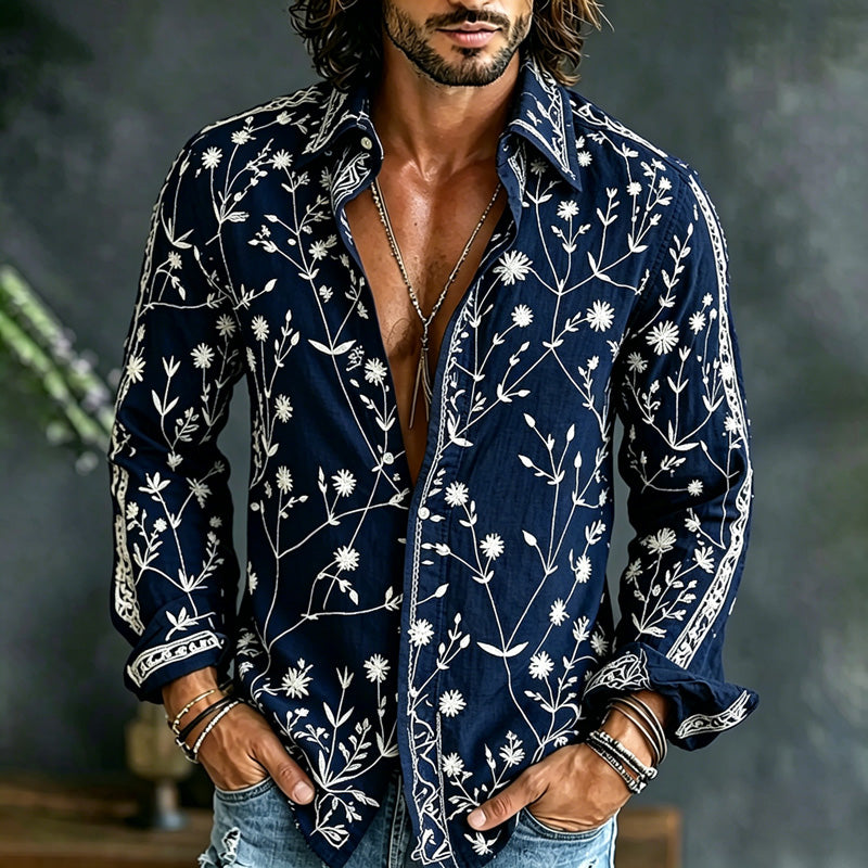 Cardydony Men's Spring Summer Floral Embroidered Art Print Flowy Linen Blend Shirt
