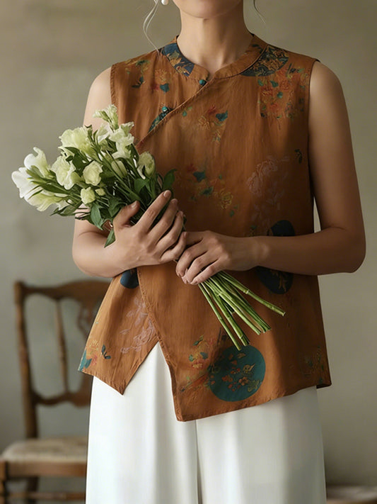 Cardydony Women's Sweet Floral Asymmetrical Sleeveless Linen Blend Tops