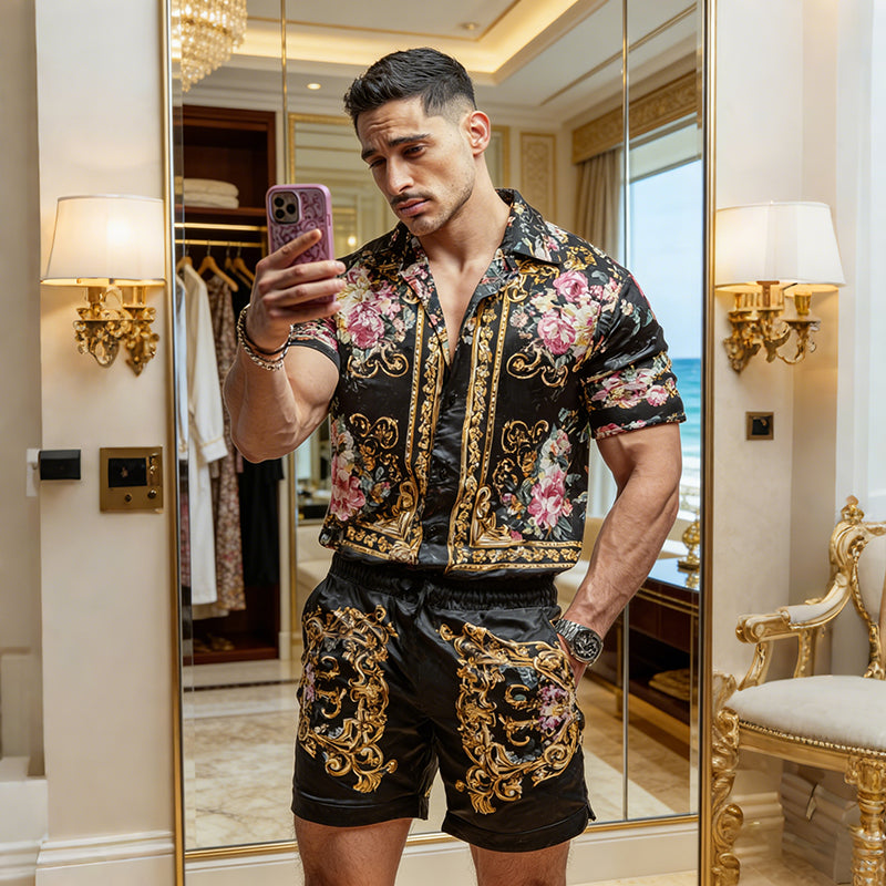Cardydony Men's Fashion Baroque Floral Pattern Cuban Shirt And Shorts Two-piece Set