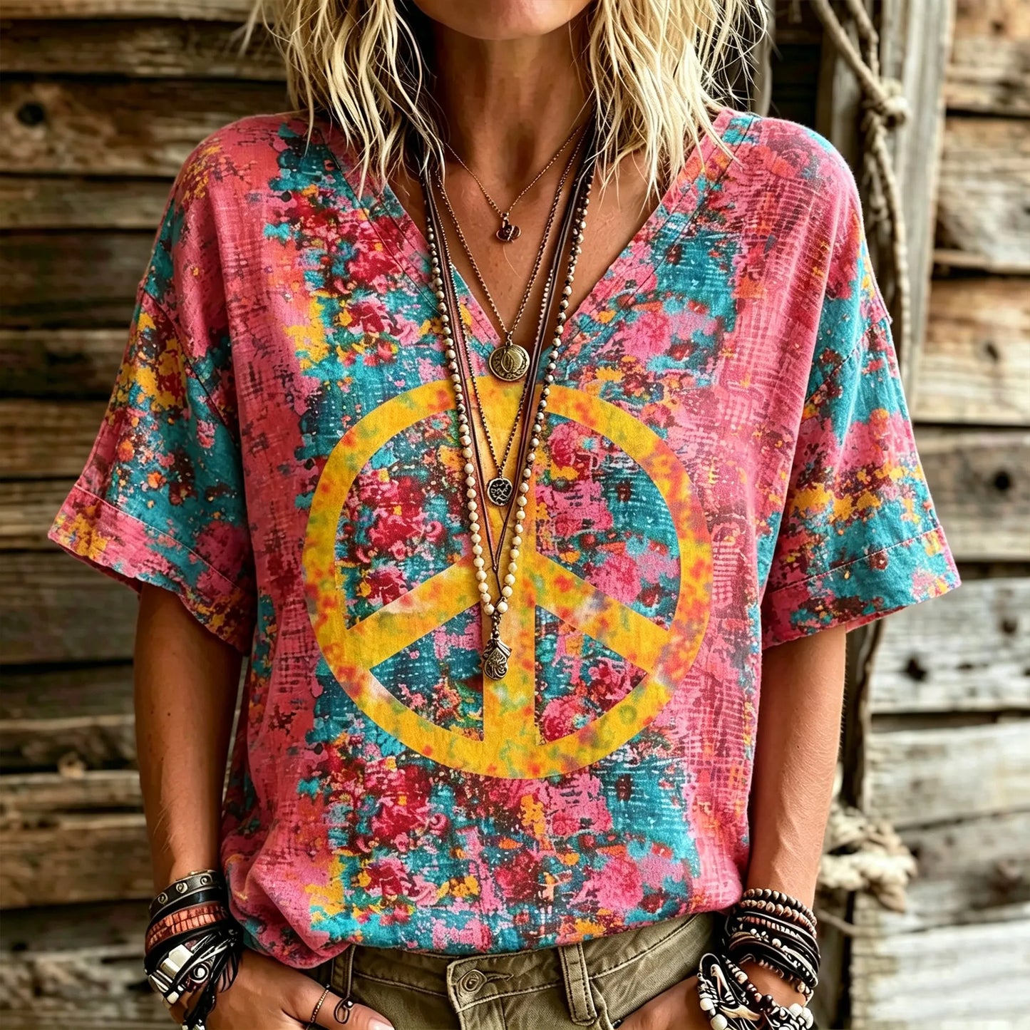 Cardydony Retro Hippie Colorful Tie-dye Peace Symbol V-neck T-shirt