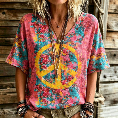 Cardydony Retro Hippie Colorful Tie-dye Peace Symbol V-neck T-shirt