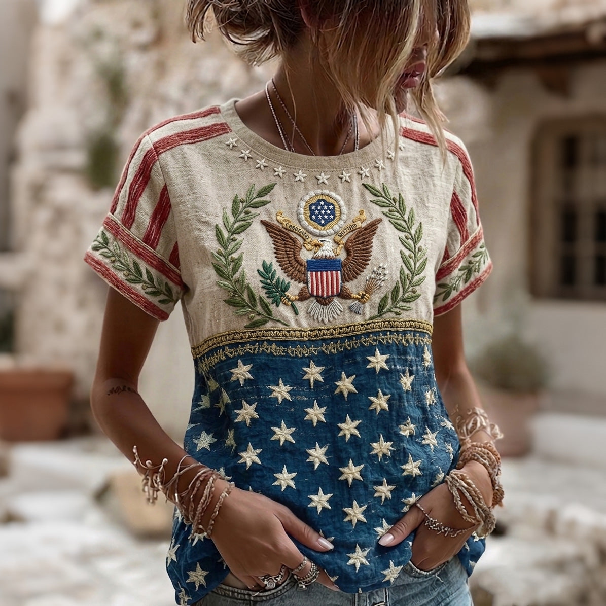 Cardydony Women's Retro American Anniversary Printed T-shirt
