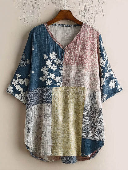Cardydony Japanese Art Retro Geometric Patchwork Plant Flower Print Women's V-neck Cotton And Linen Top