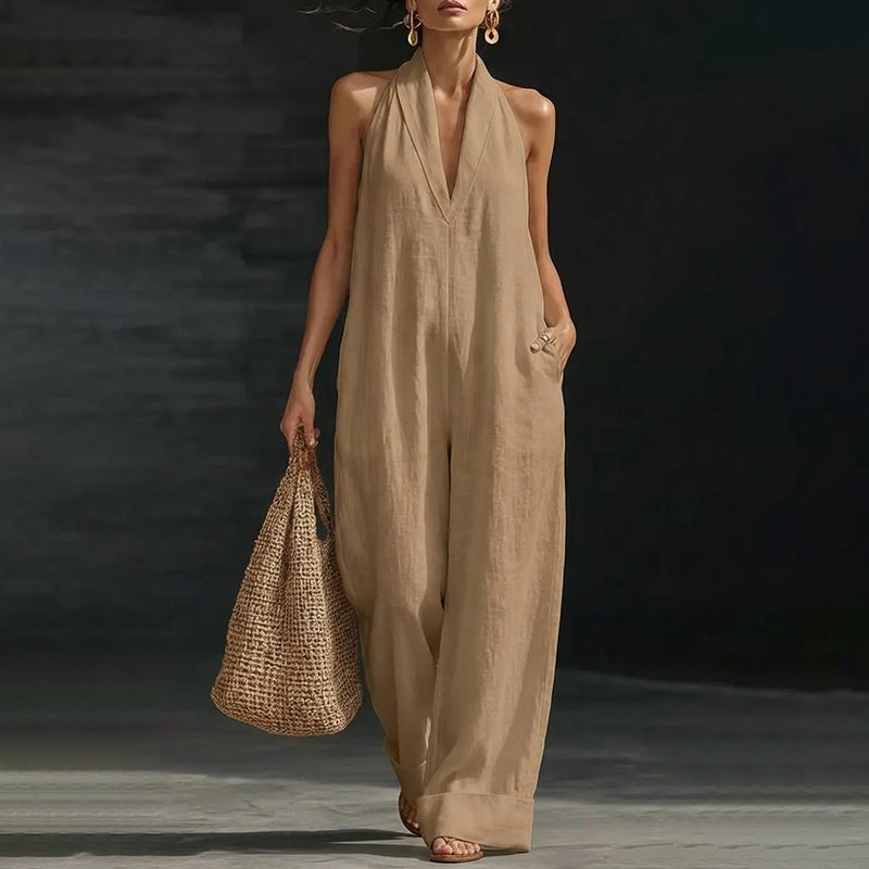 Cardydony Women's Solid Color Sleeveless Linen Blend Jumpsuit