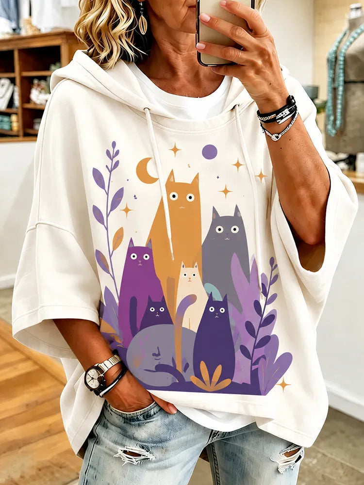 Cardydony Women's Casual Hooded Sweatshirt In Off-white With Abstract Cute Multi-color Cats And Floral Foliage Print