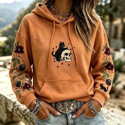 Cardydony Women's Witchy Patriotic Black Cat Skull Floral Graphic Print Hoodie