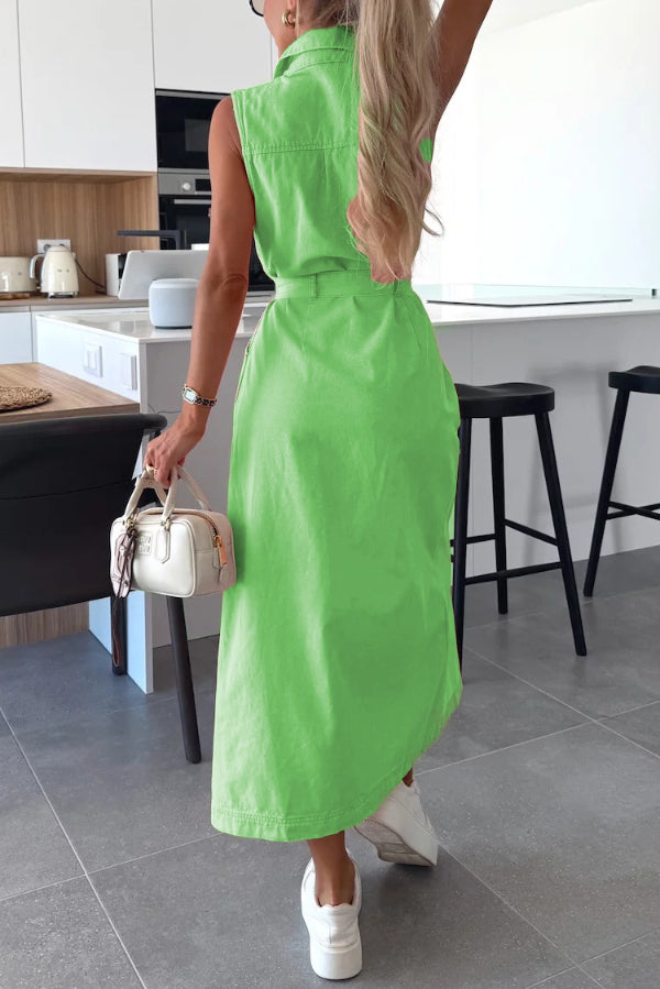Cardydony Women's Solid Color Sleeveless Single Breasted Waist Tie Casual Pocket Denim Midi Dress
