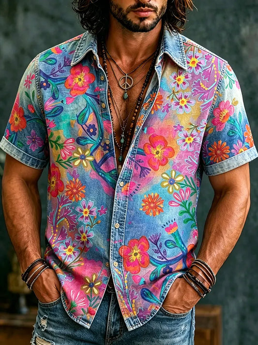 Cardydony Men's Retro Hippie Floral Graffiti Art Pattern Casual Washed Shirt