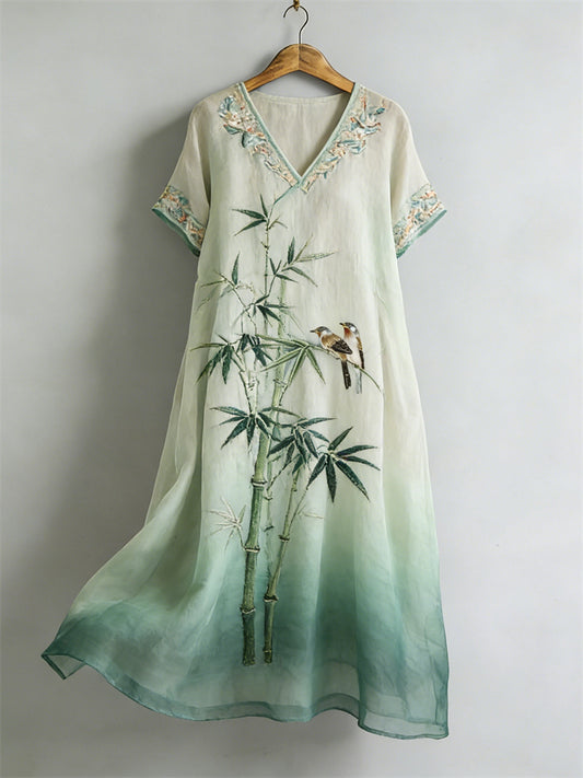 Cardydony Japanese Birds & Bamboo Floral Flowy Linen Maxi Dress