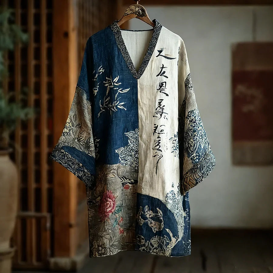 Cardydony Japanese Art Retro Printed Patchwork Design V-neck Dress
