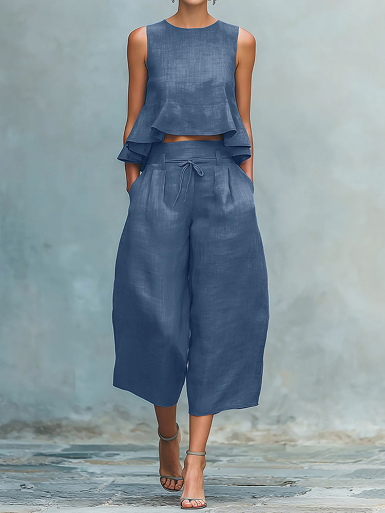 Cardydony Women's Ruffled Linen-blend Two-piece Set