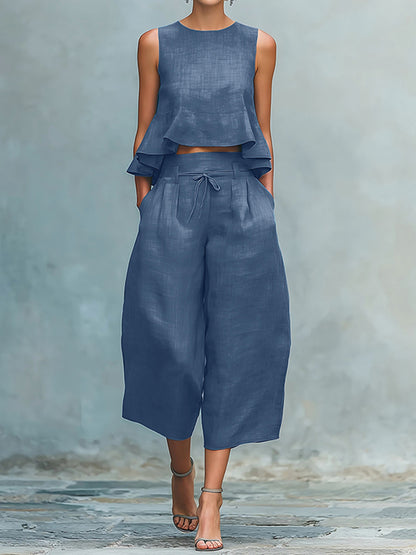 Cardydony Women's Ruffled Linen-blend Two-piece Set