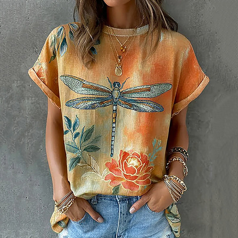 Cardydony Retro Dragonfly And Floral Pattern Linen Blend Short Sleeve Tops