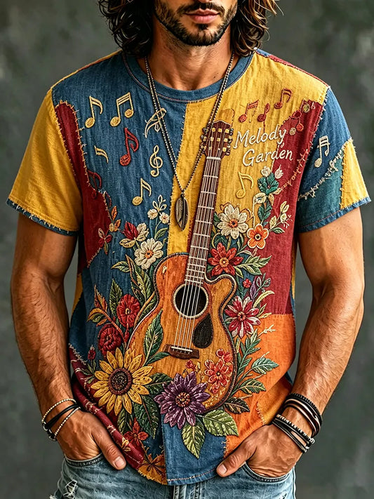 Cardydony Men's Guitar Floral Patchwork Hippie T-shirt