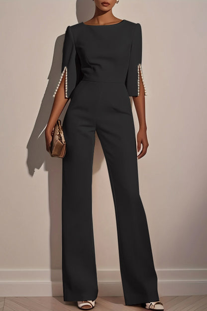Cardydony Women's Solid Color Round Neck Beaded Decoration Slim Fit Casual Jumpsuit
