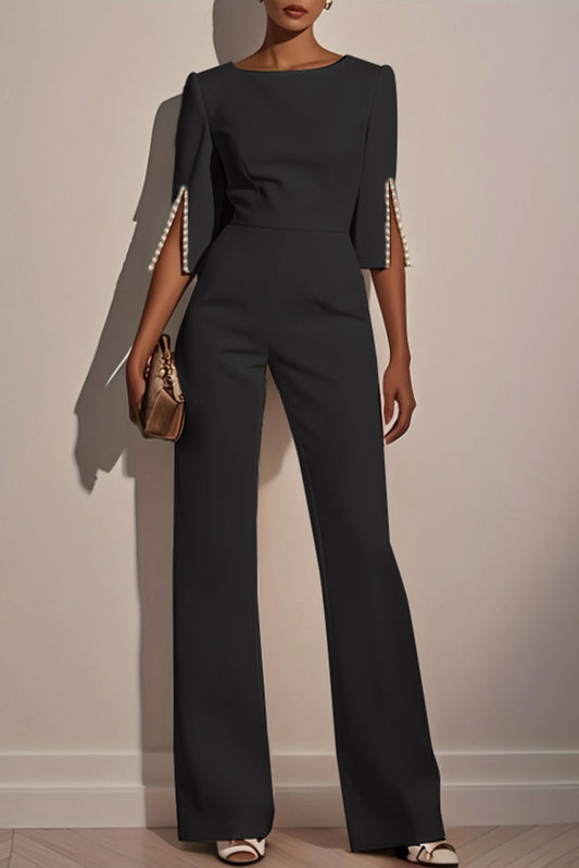 Cardydony Women's Solid Color Round Neck Beaded Decoration Slim Fit Casual Jumpsuit
