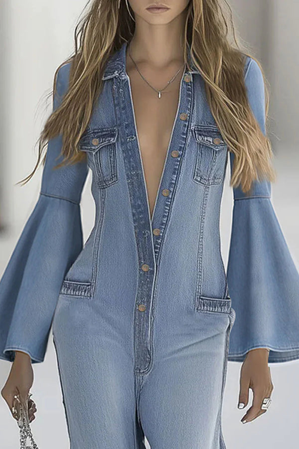 Cardydony Women's Stylish Bell Sleeves Single-breasted Casual Denim Jumpsuit