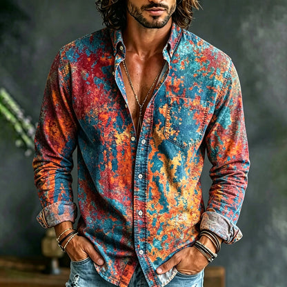 Cardydony Men's Retro Tie-dye Design Cotton Linen Shirt