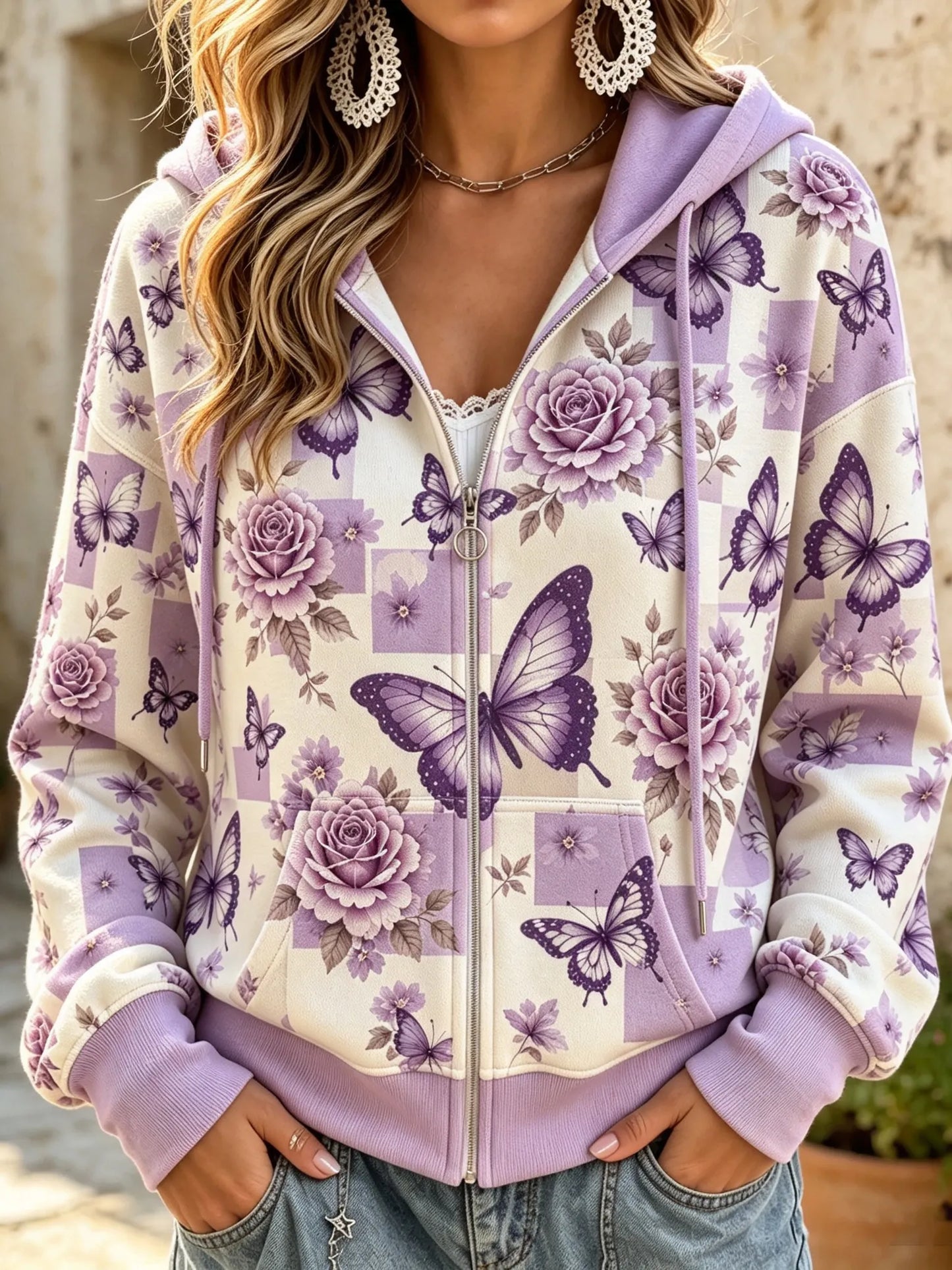 Cardydony Women's Vintage Floral Butterfly Art Casual Zip-up Hoodie