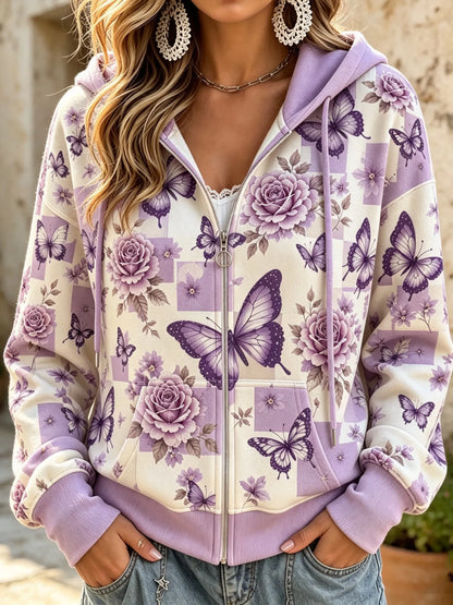 Cardydony Women's Vintage Floral Butterfly Art Casual Zip-up Hoodie