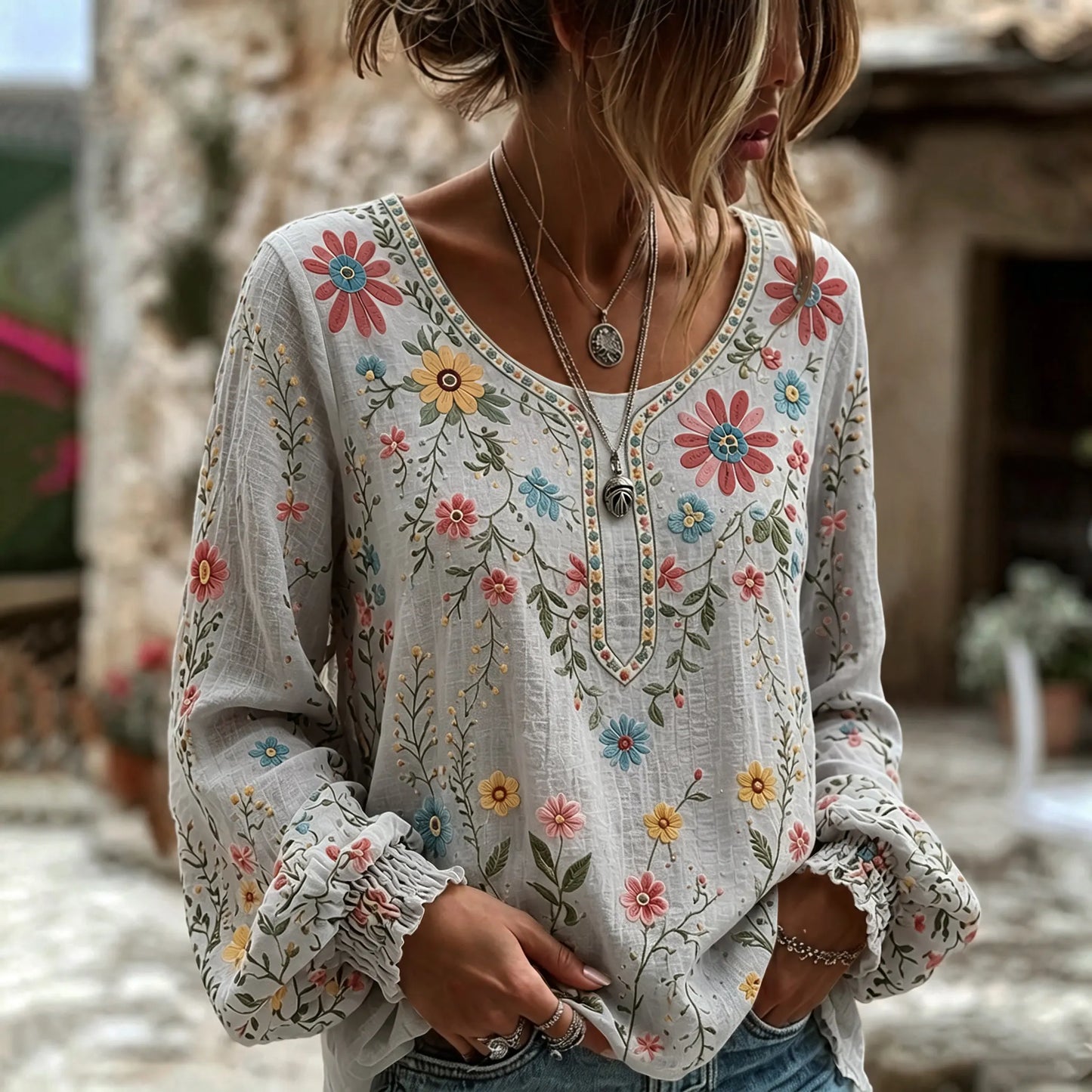 Cardydony Women's Vintage Floral Art Print Flowy Linen Blend Linen Blend Long Sleeve Casual Tops