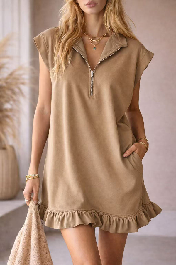 Cardydony Women's Solid Color Loose Sleeveless Pocket Casual Ruffle Mini Dress