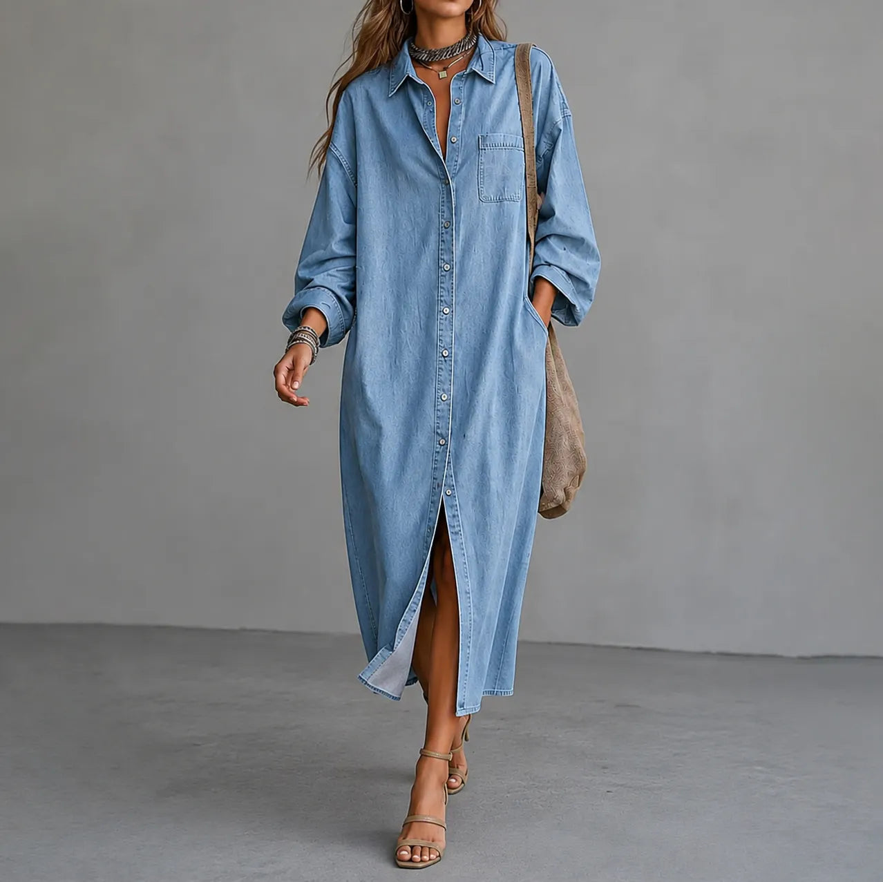 Cardydony Elegant Casual Single-breasted Collar Shirt Maxi Dress