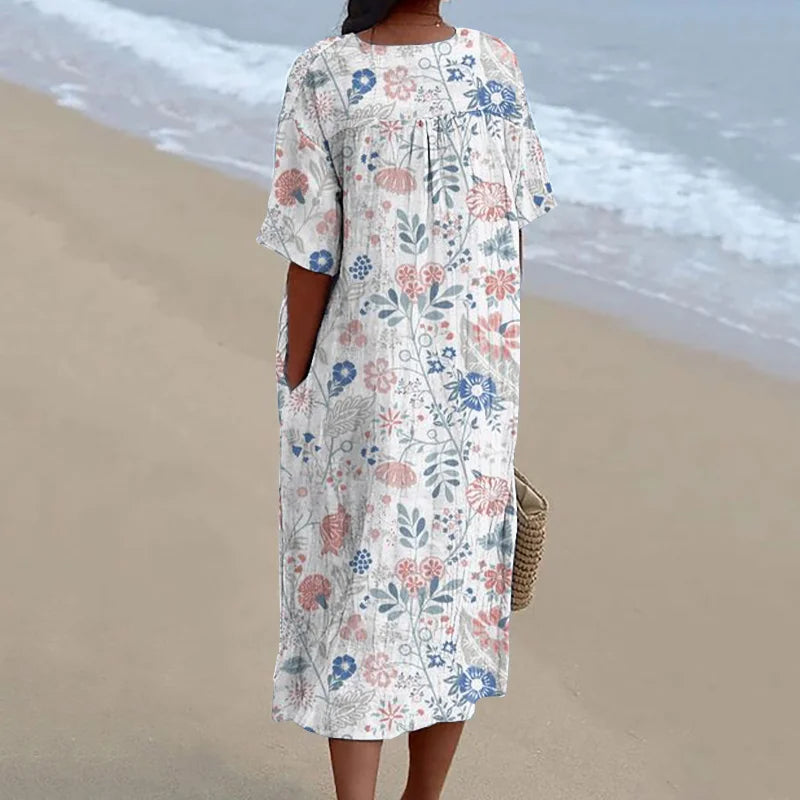 Cardydony Women's Pastoral Floral Art Print Casual Cotton Linen Dress