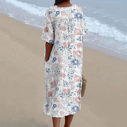Cardydony Women's Pastoral Floral Art Print Casual Cotton Linen Dress