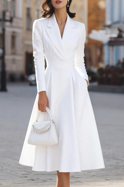 Cardydony Women's Solid Color Lapel Long Sleeve Waist Pocket Midi Dress