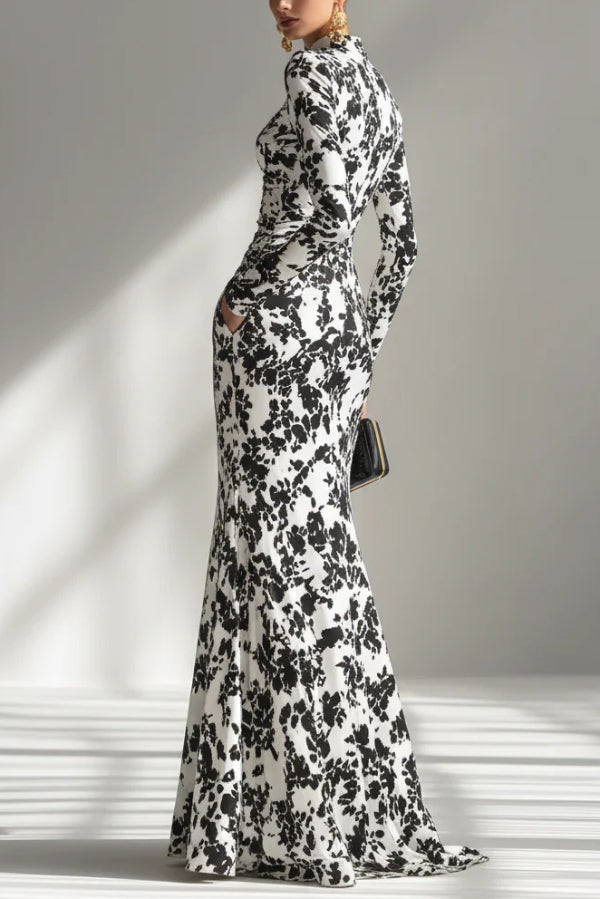 Cardydony Women's Black and White Color-blocked Printed Long-sleeved Pocket Slim-fit Pleated Maxi Dress
