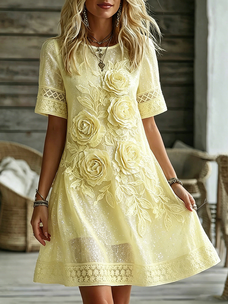 Cardydony Women's Rose Art Embroidered Linen Blend Round Neck Dress