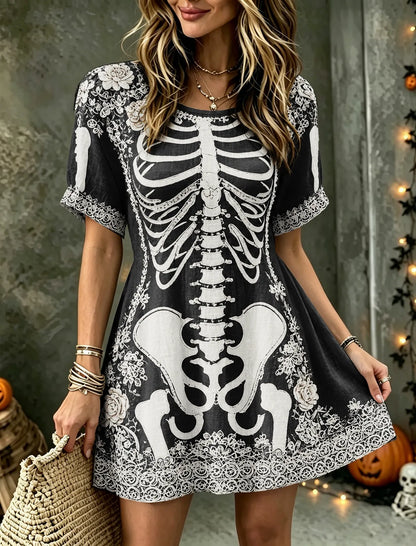 Cardydony Women's Vintage Halloween Rose And Human Skeleton Art Crew Neck Short Sleeve Mini Dress