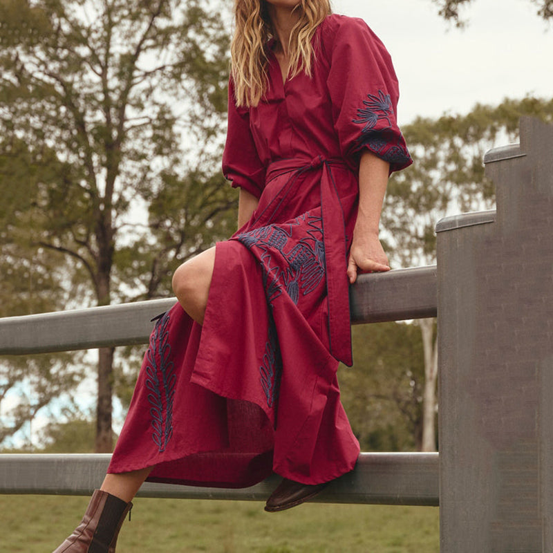 Cardydony Vintage Belted Embroidered Cotton Dress