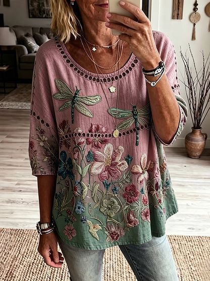 Cardydony Women's Bohemian Dragonfly And Floral Art Print Flowy Linen Blend Casual Tops