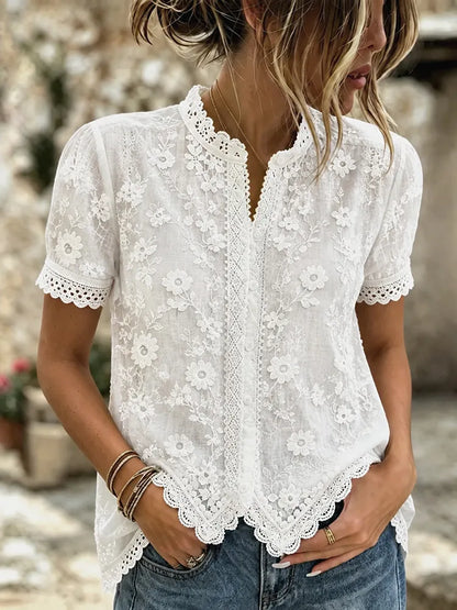 Cardydony Women's Retro Floral Embroidery Pattern Art Cotton Linen Short Sleeve Shirt
