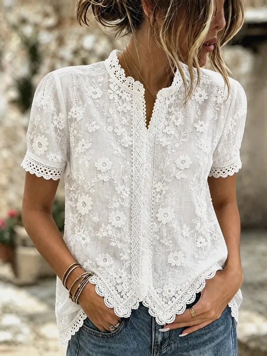 Cardydony Women's Retro Floral Embroidery Pattern Art Cotton Linen Short Sleeve Shirt