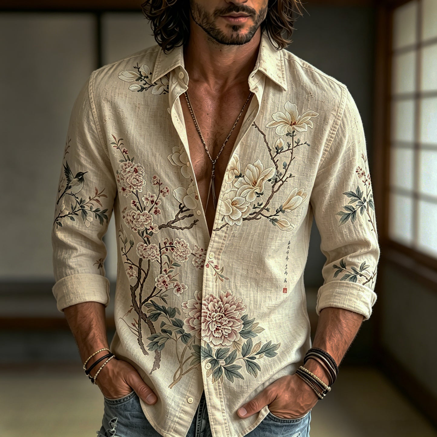 Cardydony Men's Retro Japanese Minimalist Floral And Bird Print Cotton Linen Comfortable Shirt