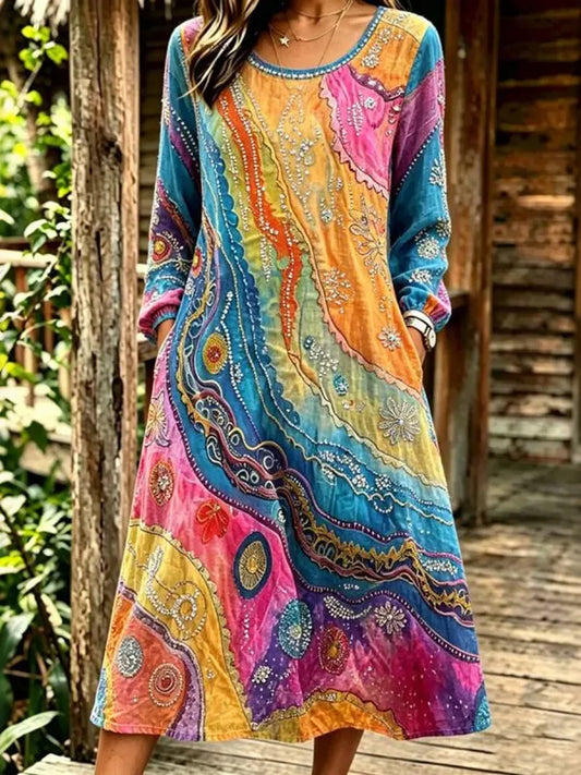 Cardydony Women's Retro Hippie Rainbow Cotton Linen Dress